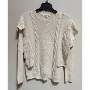 Vine & Love Ivory Cable-Knit Ruffle Shoulder Pullover women's Sweater S